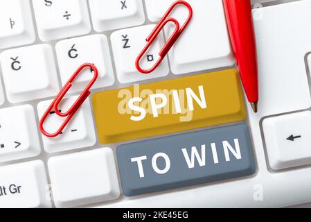 Textunterschrift mit „Spin to Win“. Konzeptfoto Versuchen Sie Ihr Glück Fortune Casino Glücksspiel Lotterie Spiele Risiko Stockfoto