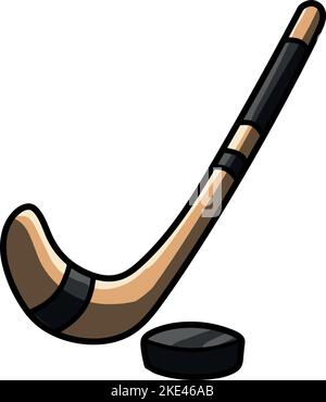 Ein Cartoon-Hockeyschläger und eine Puck-Ikone isoliert auf weißem Hintergrund Stock Vektor