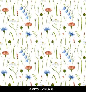 Aquarell Nahtloses Muster mit verschiedenen wilden Blumen. Niedliche handgezeichnete Hintergrund mit Wiesenpflanzen für Stoff und Textil. Botanischer isolierter Hintergrund für Banner im Vintage-Stil. Blumendruck. Stockfoto