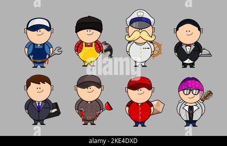 Eine Sammlung süßer männlicher Charaktere mit verschiedenen Berufen auf grauem Hintergrund Stock Vektor