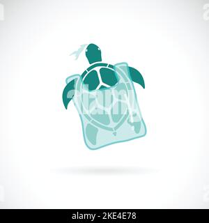 Vektor der Schildkröte in einer Plastiktüte auf weißem Hintergrund gefangen., Wilde Tiere. Unterwasser-Tier. Leicht editierbare Vektorgrafik mit Ebenen. Stock Vektor