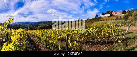 Italien, Landschaft der Toskana. Panoramablick auf das wunderschöne mittelalterliche Schloss Castello di Brolio in Chianti, umgeben von goldenen Weinbergen im Herbst Stockfoto