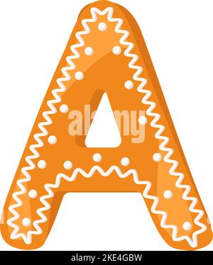 Buchstabe A aus glasierten Lebkuchen. Festliche Schrift, Symbol für glückliches Neues Jahr und Weihnachten, Zeichen und Buchstaben in verschiedenen Formen. Vektorgrafik flach Stock Vektor
