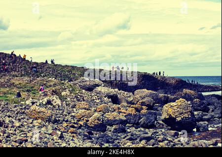 Touristen klettern auf den uralten Basaltsäulen des Giant's Causeway UNESCO-Weltkulturerbes, Causeway Coast, County Antrim, Nordirland Stockfoto