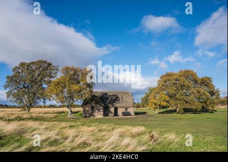 Das Bild zeigt das Leanach Crofters Cottage auf dem Schlachtfeld von Culloden Moor in der Nähe von Inverness Stockfoto