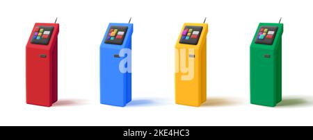 ATM- oder Terminal 3D-Illustrationsset mit Service-Kacheln-Symbolen auf dem Touchscreen in verschiedenen Farben Stock Vektor