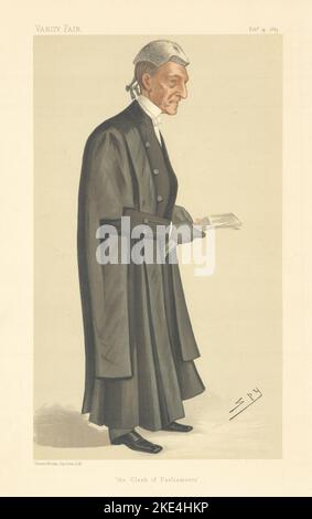 EITELKEIT FAIR SPIONAGE CARTOON Sir William Rose 'The Clerk of Parliaments' 1885 Print Stockfoto