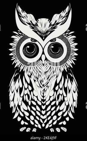 Eine schwarz-weiß bearbeitbare flache Abbildung einer Eule mit buschigen Augenbrauen Stock Vektor