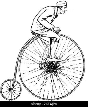 Ein Penny-Farthing von 1884 (1942). Das Penny-Farthing, auch bekannt als hohes Rad, hohes Rad oder gewöhnliche, ist eine frühe Art von Fahrrad. Er war in den Jahren 1870s und 1880s sehr beliebt, da sein großes Vorderrad hohe Geschwindigkeiten und hohen Komfort bietet. Mit der Entwicklung moderner Fahrräder wurde es Ende 1880s obsolet. Stockfoto