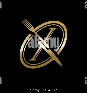 goldenes x-Logo aus Gabel und Messer Stock Vektor