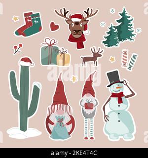 Weihnachten, Neujahr niedliche Symbole Sticker-Set. Weihnachtshirsch, Schneemann, dekorierter Kaktus, Gnome, Weihnachtsocken, Geschenkboxen, florale Elemente. Vektor isoliert Stock Vektor