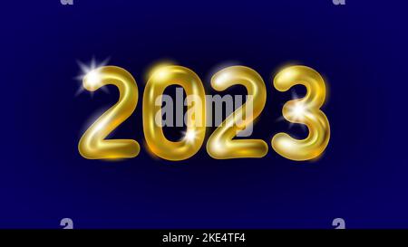 2023 Neujahr 3D Metall goldene Textur. Leuchtende Form gelbe Ballon Zahl Abbildung. Feier Dekoration Gold Poster Grußkarte Vektor Stock Vektor