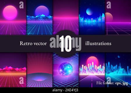 Set von Retro-futuristischen Hintergründen. Rave Party Flyer Designvorlage im 80s Stil. Retro-Stadtbild, Berglandschaft Sonnenuntergang Skyline Illustrationen. Stock Vektor