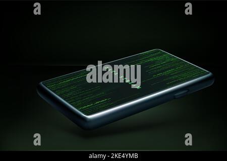 Zufälliger binärer Datenstrom auf dem Handy-Bildschirm. Smartphone Wallpaper Modell. Matrix Bildschirmschoner am Telefon. Vektorgrafik Stock Vektor