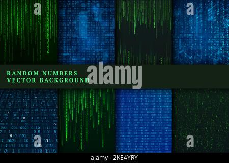 Binärcode-Hintergrund eingestellt. Zufallszahlen werden übertragen. Digitale Datencodierung im Matrixstil. Sci Fi abstrakte futuristische Tapete. Vektorgrafik Stock Vektor