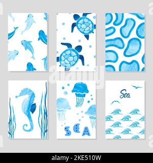 Aquarell Seekarten in blauer Farbe. Meeresmotiv. Vektorgrafik Meer Illustrationen. Stock Vektor