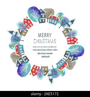 Fröhliches Weihnachtskartendesign mit Winterstadt. Kreisrahmen mit wasserfarbenen Häusern und Bäumen. Stock Vektor