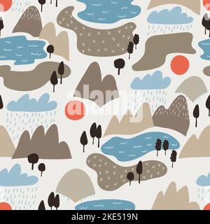 Nahtlose Berglandschaft mit Bäumen und Seen. Textil-, Stoff-Design. Stock Vektor