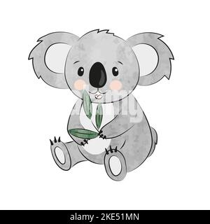 Niedliche Cartoon Koala essen Eukalyptus. Vektorgrafik Aquarell. Stock Vektor