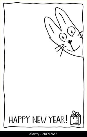 Niedlicher lustiger Hase mit Schriftzug Frohes neues Jahr. Das Jahr des Kaninchens im chinesischen Kalender. Der handgezeichnete Hase schaut aus der Ecke. Stock Vektor