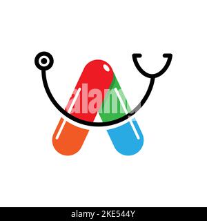Dieses Logo besteht aus einer Kombination aus zwei Kapseln und einem Stethoskop. Das Logo ist der Buchstabe A. Geeignet für medizinische Unternehmen, wie Apotheken, Kliniken. Stock Vektor