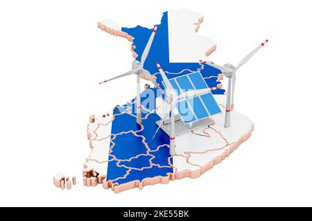 Erneuerbare Energien und nachhaltige Entwicklung in Finnland, Konzept. 3D Darstellung isoliert auf weißem Hintergrund Stockfoto