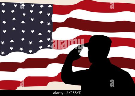 Amerikanische Flagge und Silhouette von Soldier geeignet für Veterans Day, Independence Day, Memorial Day, 4. Juli oder Labour Day Copyspace Background. Stock Vektor