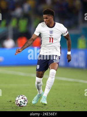 Aktenfoto vom 03-07-2021 von Marcus Rashford aus England. England hat seine Mannschaft für die Weltmeisterschaft 2022 benannt. 11 Tage vor dem Start der drei Löwen in ihre Gruppe-B-Kampagne gegen den Iran hat der ehemalige Verteidiger die 26-Mann-Gruppe bestätigt, die nächste Woche in den Golf reisen wird. Ausgabedatum: Donnerstag, 10. November 2022. Stockfoto