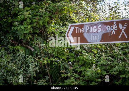 Pig’s Nose Inn-Schild in East Prawle, Devon Stockfoto