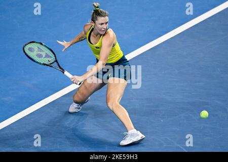 Glasgow, Schottland,10. November 2022. Der australische Sturm Sanders, der während eines Tennisspiels gegen den Belgier van Uytvanck in Aktion gezeigt wurde, hat am Donnerstag, dem 10. November 2022, in Glasgow, Schottland, ein Match zwischen Belgien und Australien in der Gruppenphase des Billie Jean King Cup Finals ausgetragen. Der internationale Mannschaftswettbewerb der Frauen findet vom 8. Bis 13. November 2022 statt. BELGA FOTO LAURIE DIEFFEMBACQ Stockfoto