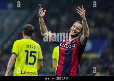 Mailand, Italien. 09.. November 2022. Marko Arnautovic vom FC Bologna reagiert während des Fußballspiels der Serie A 2022/23 zwischen dem FC Internazionale und dem FC Bologna im Giuseppe Meazza Stadium in Mailand. Endergebnis: Inter 6 - 1 Bologna Credit: SOPA Images Limited/Alamy Live News Stockfoto