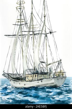Modernes Schiff-Rigged Segelboot (Schoner) auf See. Aquarell auf Papier. Stockfoto
