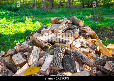 Ein Haufen Brennholz im Hof, geerntet für die Heizung des Hauses im Winter. Stockfoto