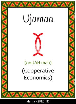 Eine Karte mit einem der Kwanzaa-Prinzipien. Symbol Ujamaa bedeutet kooperative Wirtschaft in Suaheli. Plakat mit einem ethnisch-afrikanischen Muster in traditionellem Stil Stock Vektor