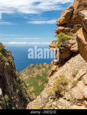 Wunderschöne Meereslandschaft mit den landschaftlich reizvollen Felsformationen, die als Calanques de Piana bekannt sind. Corse, Frankreich. Stockfoto