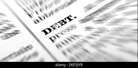 Das Wort Schulden mit Definition aus dem Wörterbuch für Finanzen und Geld Stockfoto
