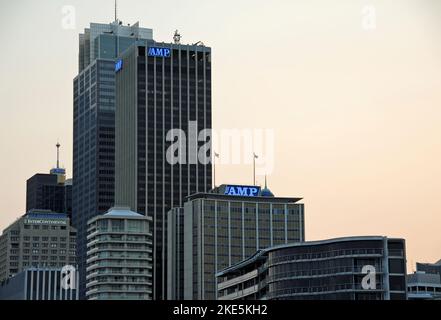 Sydney, New South Wales, Australien: Detail der Gebäude am Circular Quay am Abend. Circular Quay in Sydney. Stockfoto