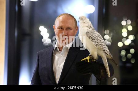 Komsomolsky, Russland. 09. September 2022. Der russische Präsident Wladimir Putin hält einen weißen Gyrfalken, die größte Falkenart, während eines Besuchs im Kamtschatka Falcon Center am 9. September 2022 im Milkovsky-Bezirk im Kamtschatka-Gebiet, Russland. Kredit: Gavriil Grigorov/Kremlin Pool/Alamy Live Nachrichten Stockfoto