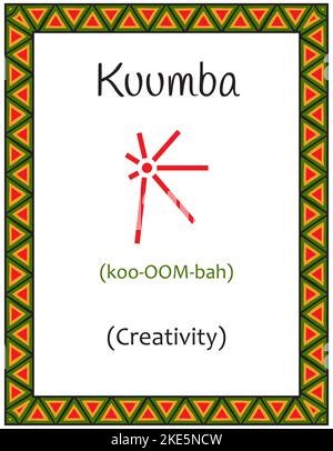 Eine Karte mit einem der Kwanzaa-Prinzipien. Symbol Kuumba bedeutet Kreativität in Suaheli. Poster mit ethnisch afrikanischem Muster in traditionellen Farben. Vec Stock Vektor