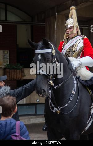 London, Großbritannien. 10.. November 2022. Kit Ride und Passing Out Parade für Haushalt Kavallerie montiert Regiment. General Sir Adrian Bradshaw KCB OBE GL untersuchte die neueste Trikotfahrt des Household Cavalry Mounted Regiment in den Knightsbridge Barracks und im Hyde Park in der Rotten Row. Der kommandierende Offizier ist Oberst Thomas Armitage. Kredit: Peter Hogan/Alamy Live Nachrichten Stockfoto