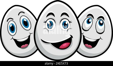 Die drei Eier im Cartoon-Stil mit fröhlichen Gesichtern, isoliert auf weißem Hintergrund. Stock Vektor