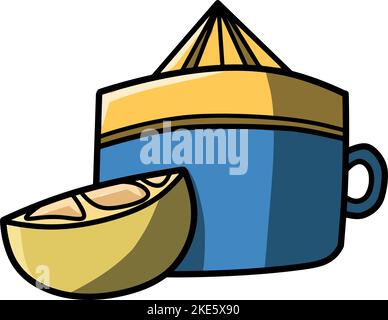 Zitruspresse im Cartoon-Stil mit einer Scheibe Zitrone auf weißem Hintergrund. Stock Vektor