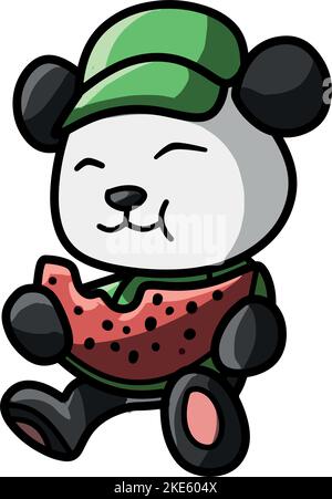Ein süßer Panda im Cartoon-Stil, der Wassermelone isst, isoliert auf einem vertikalen weißen Hintergrund. Stock Vektor