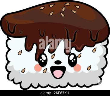 Sushi im Cartoon-Stil mit Sojasoße, isoliert auf weißem Hintergrund. Stock Vektor