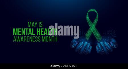 Monatskonzept für psychische Gesundheit. Zwei menschliche Hände halten das grüne Band. Abstrakte Vektorillustration auf dunkelblauem Hintergrund Stock Vektor