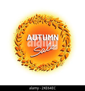 Herbstverkauf Anzeige oder Etikett, goldener Blattkranz Stock Vektor
