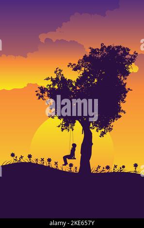Abstrakte Silhouette eines Mädchens auf einer Schaukel unter dem Baum bei Sonnenuntergang, Illustration. Stock Vektor