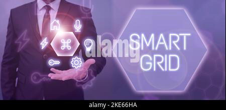 Handschriftenschild Smart Grid. Die Geschäftsidee umfasst Betriebs- und Energiemaßnahmen einschließlich Zählern Stockfoto