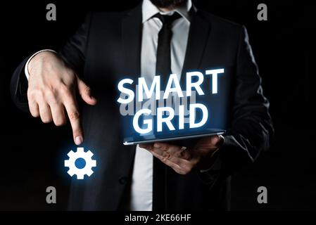 Handschriftenschild Smart Grid. Die Geschäftsübersicht umfasst Betriebs- und Energiemaßnahmen einschließlich Zählern Stockfoto