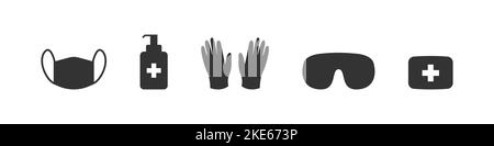 Persönliche Schutzausrüstung. Schützen Sie sich vor Viren. Medizinische Maske, Latexhandschuhe, Seife, Spender, Schutzbrille. Vektorgrafik Stock Vektor